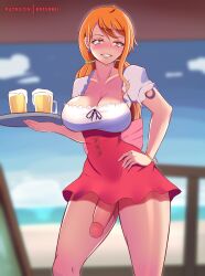 1futa areolae balls beer big_breasts big_penis breasts clothed clothing erection exposed_penis futa_only futanari hand_on_hip human katsunei light-skinned_futanari light_skin looking_at_viewer nami one_piece orange_eyes orange_hair partially_clothed penis penis_out penis_under_dress post-timeskip solo solo_futa standing thick_thighs thighs wide_hips