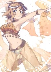 belly_dancer belly_dancer_outfit brown_hair cleavage harem_girl harem_outfit hazel_eyes large_breasts looking_at_viewer senki_zesshou_symphogear tachibana_hibiki_(symphogear) yukitsuba_hina