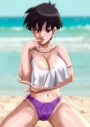 1girls beach bikini_bottom black_hair brown_eyes cutoff_shirt dragon_ball dragon_ball_z huge_breasts kneeling looking_at_viewer seaside videl voluptuous