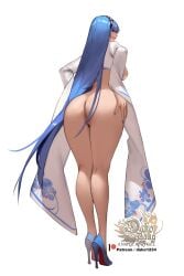 absurdres artist_logo artist_name ass bare_legs black_hairband blue_eyes blue_footwear blue_hair blue_nails breasts censored commentary female female_pubic_hair from_behind full_body hairband hand_on_hip high_heels highres hu_dako large_breasts long_hair long_sleeves looking_at_viewer looking_back mosaic_censoring nail original pubic_hair pussy shrug_(clothing) simple_background solo standing straight_hair very_long_hair web_address white_background wide_sleeves