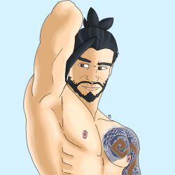 1boy armpit armpit_fetish armpits asian asian_male beard chest hanzo hanzo_shimada male male_focus male_only nipples overwatch overwatch_2 tattoo tattoo_on_chest tattooed_arm tattoos