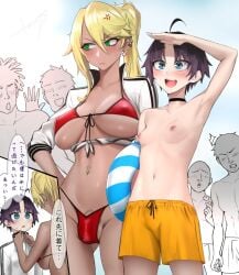 1boy 1futa balls balls_peek balls_visible_through_clothing belly_button big_breasts blonde_hair blush breasts brown_hair bulge busty ear_piercing earrings fullta_futanari futanari green_eyes hair ikemeru19 japanese_text large_breasts mano_ikarashi navel navel_piercing nipples penis penis_in_bikini piercings small_breasts small_penis swim_trunks swimsuit topless