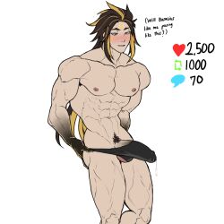 abs blush bulge_through_clothing genshin_impact genzonillablack golden_hair male_only menogias_(genshin_impact) muscular_male strip_game underwear_only