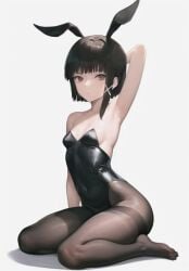 ai_generated anything_diffusion brown_eyes brown_hair bunny_ears bunny_girl bunnysuit female female_only hair_ornament kneeling lain_iwakura latex leotard pantyhose serial_experiments_lain stable_diffusion white_background x_hair_ornament