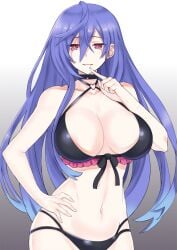 1girls bare_midriff belly_button bikini black_bikini breasts choker cpu_(neptunia) female female_only finger_to_mouth front_view goddess hand_on_hip huge_breasts iris_heart large_breasts light-skinned_female light_skin looking_at_viewer neptunia_(series) pink_eyes plutia power_symbol-shaped_pupils purple_hair smile solo straight_hair teeth_showing very_long_hair zatsu