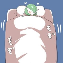 1boy 1girls bed blush closed_eyes cute game_freak gardevoir good_night green_hair humanoid implied_sex missionary_position nintendo nishikun pale_skin pokémon_(species) pokemon pokemon_(species) pokemon_rse short_hair