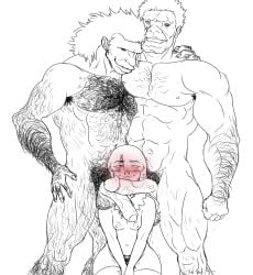 1girls 2boys berserk blush daddy_kink eyes_visible_through_hair female foreskin fullface_blush hair hairy hairy_male holding long_hair monster monster_cock muscles naughty_face nude nude_female nude_male on_bed penises_touching pointy_teeth pubic_hair shubbidy size_difference thigh_highs trembling wyald_(berserk) zodd_(berserk)