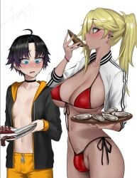 1boy 1futa bikini blonde_hair breasts bulge busty choker front-tie_bikini fullta_futanari futa_is_bigger futanari ikemeru19 looking_at_bulge looking_at_penis mano_ikarashi oyster penis_awe penis_bulge penis_in_bikini penis_in_swimsuit penis_under_clothes side-tie_bikini small_penis swimsuit trap