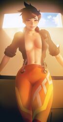 1girls 3d 3d_(artwork) absurd_res breasts brown_eyes brown_hair clothed female inner_sideboob leather_jacket looking_at_viewer medium_breasts navel no_bra open_jacket orange_pants overwatch overwatch_2 pants sleeves_rolled_up solo stealthclobber tight_pants tracer