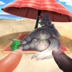 absurd_res anthro ass beach beach_towel beach_umbrella big_penis bodily_fluids cakescheese_(cakethedog) canid canine canis cinicalvoice domestic_dog fur genitals grey_body grey_fur group hi_res male male/male mammal penis seaside spread_butt spreading sunny tongue tongue_out towel trio