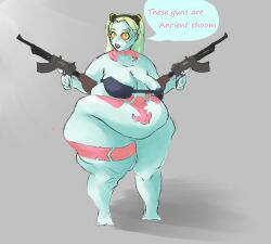 1girls bbw big_belly bra cyberpunk:_edgerunners fat fat_female female firearm functionally_nude gun human morbidly_obese muffin_top obese pale_skin rebecca_(edgerunners) rifle robot_girl sagging_belly sagging_breasts thick_thighs weapon