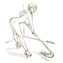 blonde_hair bondage breasts chains cleaning collar erenisch female female_only femsub heels high_heels housework mop naked_footwear naked_heels nude