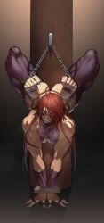 1girls ahoge angry ass athletic_female bondage bound breasts captured chained chained_to_post chained_up chains curled_toes detached_sleeves facial_markings fit_female flexible fuma_kotaro_(tenkaichi) gagged k52 long_hair muscular muscular_arms muscular_female muscular_legs red_eyes red_hair restrained rope_gag simple_background solo solo_female tenkaichi_nihon_saikyou_bugeisha_ketteisen thick_thighs tied_up