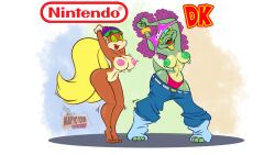 2023 baggy_pants bottomwear bottomwear_down breasts brown_body clothed clothing crocodilian dancing dialogue donkey_kong_(series) duo english_text female female_only genitals haplorhine hat headgear headwear hi_res hypnosis kalypso kremling mammal mind_control monkey monkey_girl musical_note nafyo-toons navel nintendo nipples nude outside panties pants pants_down partially_clothed piercing primate pussy reptile sagging_pants scalie shirt smile standing text tiny_kong topless topless_female topwear twintails underwear undressing