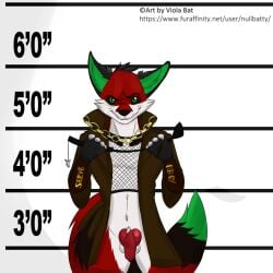 2018 animal_genitalia animal_penis anthro artist_name balls black_ears black_sclera bottomless canid canine canine_genitalia canine_penis chart clothed clothing coat english_text fishnet_shirt fox front_view fur genitals green_eyes green_inner_ear green_tail_tip grin height_chart hi_res holding_object holding_whip knot looking_at_viewer male male_focus male_only mammal mugshot original original_character penis portrait red_body red_fur red_penis smile solo text three-quarter_portrait topwear trenchcoat url victor_johansen viola_bat whip