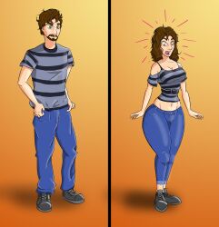 ass_expansion before_and_after breast_expansion breasts clothing_transformation gender_transformation genderswap_(mtf) hips jakal63 jeans mtf_transformation striped_shirt tank_top tight_pants transformation transformation_sequence wanderer0426