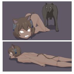 animal_genitalia animal_penis ass_up atsutsu bangs bare_legs barefoot blue_bow blue_hair_bow brown_hair canine cat_ears cat_tail catboy felix_argyle femboy feral hair_ornament hairbow imminent_bestiality imminent_rape looking_back naked on_floor powerless powerlessness re:zero_kara_hajimeru_isekai_seikatsu short_brown_hair short_hair simple_background textless textless_version