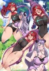 2girls absorption big_breasts blush breasts caught core_crystal curvaceous curvy curvy_figure defeated defeated_heroine demon demon_girl demon_horns female female_only hi_res huge_breasts laugh monolith_soft multiple_girls nintendo nomilover purple_hair pyra red_eyes red_hair squeezing succubus(nomilover) swallowed_whole tail_vore thick_thighs tiara vore xenoblade_(series) xenoblade_chronicles_2