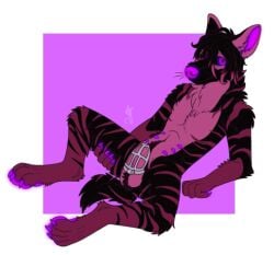 alpha_channel animal_genitalia anthro atrius_(atrius97) balls belly_nipples black_body black_fur cackling-beast chastity_cage chastity_device claws fur fur_tuft genitals glowing glowing_flesh hair hyena male male_only mammal navel neck_tuft pawpads pink_body pink_fur pubes purple_background purple_claws purple_nose purple_pawpads sheath simple_background solo striped_hyena stripes transparent_background tuft watermark