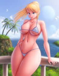 1girls beach_house big_breasts bikini blonde_hair blue_bikini blue_eyes breasts cleavage curvaceous curvy_female curvy_figure day daytime detailed female female_only front_view grab hair_in_wind home huge_breasts huge_thighs large_breasts long_hair looking_at_viewer metroid naughty_face navel nintendo pale-skinned_female palm_trees pink_lipstick pinup ponytail saf-404 saf_404 safartwoks safartworks samus_aran shiny_body smile smiling_at_viewer smirk solo standing straight_hair sunlight_rays thick thick_thighs video_game_character wide_hips