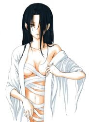 2008 artist_request bandages black_hair convenient_censoring female female_only gintama hair_down hair_over_one_eye inner_sideboob japanese_clothes kimono long_hair medium_breasts off_shoulder open_kimono sarashi skz solo undressing yagyuu_kyuubei