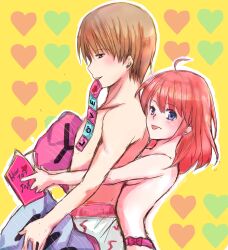 1boy 1girls blue_hair blush book condom condom_in_mouth condom_packet_strip condom_wrapper embrace female gintama hair_down hugging_from_behind kagura_(gintama) looking_at_viewer male marika_(pixiv) medium_hair okita_sougo orange_hair teen_boy teenage_girl teenager tongue_out topless topless_female topless_male underwear yellow_background yes-no_pillow