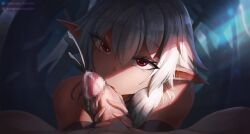 blowjob bone_of_arc boneofarc censored cum dark-skinned_female dark_elf elf elf_female hand_on_penis mosaic_censoring pixiv red_eyes white_hair