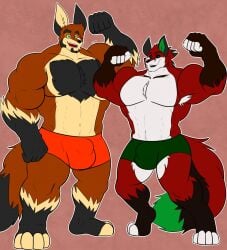 2018 5_fingers anthro armpit_hair black_ears black_nose black_tail_tip body_hair bulge canid canine chest_hair clothed clothing daniel_foxtowers detailed_bulge digitigrade dipstick_tail duo fingers flexing_bicep flexing_both_biceps fox fur gloves_(marking) green_clothing green_inner_ear green_tail_tip green_underwear happy hi_res leg_markings looking_at_viewer male male_focus male_only mammal markings muscular muscular_anthro muscular_male orange_body orange_clothing orange_fur orange_underwear original original_character original_characters pink_background plantigrade red_body red_fur simple_background size_difference socks_(marking) somniumfox tail tail_markings underwear underwear_only victor_johansen