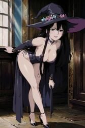 1girls ai_generated black_hair blue_eyes breasts clothing dress female female_only hat headwear high_heels high_resolution large_breasts light-skinned_female light_skin mature mature_female retromage solo witch witch_hat