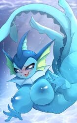 1girls 4_fingers anthro areolae ashraely ass barefoot big_breasts blue_body blue_eyes breasts completely_nude completely_nude_female eeveelution female female_only female_pokemon full_body huge_breasts large_areolae large_ass long_tail naked naked_female nintendo nipples nude nude_female pokémon_(species) pokemon pokemon_(species) smile solo solo_female submerged swimming thick_thighs underwater vaporeon water