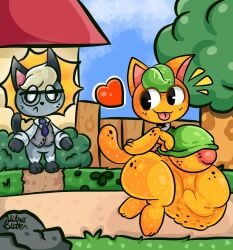 1girls animal_crossing anthro anthrofied belly_bulge blush breasts busty cat_ears catgirl digestion fatal_vore forest green_hair huge_belly huge_thighs hyper_belly implied_digestion medium_breasts mysticemerald_(artist) nintendo nipples nitrobutter orange_body orange_fur raymond_(animal_crossing) stomach_bulge stomach_deformation tangy_(animal_crossing) thick_thighs voluptuous vore vore_belly