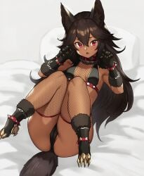 1girls absurd_res animal_ear_fluff animal_ears ass bangs black_panties breasts brown_hair cameltoe cerberus_(houtengeki) chains claw_pose cleft_of_venus collar dark-skinned_female dark_skin dog_ears dog_tail fishnets hair_between_eyes hi_res highres houtengeki knees_up long_hair looking_at_viewer open_mouth original panties red_eyes small_breasts solo tail underwear