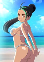 1girls ass beach big_ass big_breasts bikini bikini_bottom bikini_top black_hair breasts female female_only freckles freckles_on_face game_freak green_highlights hair looking_back nemona_(pokemon) orange_eyes pokemon pokemon_sv ponytail s.forest sideboob smile solo solo_female swimwear thighs white_bikini