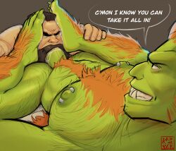 abs armpit_hair barbell_piercing beard big_muscles big_nipples big_pecs big_penis blanka bodily_fluids body_hair boner brown_hair capcom chest_hair cum cum_in_mouth cum_inside cum_on_face cum_on_feet cumshot dominant dominant_humanoid dominant_male duo ejaculation english_text erection eye_contact facial_hair feet foot_fetish foot_focus foot_on_head foot_play gay genital_fluids genitals green_body grin hair hairy hairy_feet hairy_legs happy_trail hi_res human human_on_humanoid human_penetrated humanoid humanoid_feet humanoid_penetrating humanoid_penetrating_human interspecies leg_hair looking_at_another looking_pleasured male male/male male_only mammal mohawk muscular muscular_human muscular_humanoid muscular_male muscular_sub nipple_barbell nipple_piercing nipples nude oral oral_penetration orange_hair pecs penetration penis piercing plantigrade pubes razzper sex sideburns signature smile street_fighter submissive submissive_human submissive_male text zangief