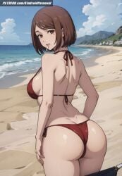 ai_generated aindroidparanoid ass ass_focus beach big_breasts bikini brown_eyes brown_hair cigarette fat_ass huge_ass huge_breasts jujutsu_kaisen large_breasts looking_at_viewer looking_back narrow_waist ocean outdoors sand sea shoko_ieiri short_hair slim_waist smoking stable_diffusion taller_girl