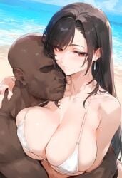 1boy 1girls ai_generated bangs bare_shoulders beach bikini black_hair blush breast_press breasts clavicle cleavage clothing cucking_viewer curvaceous curvaceous_female curvaceous_figure curvy curvy_figure dark-skinned_male dark_skin day earrings faceless faceless_male female female_focus final_fantasy final_fantasy_vii hug huge_breasts interracial jewelry large_breasts long_hair looking_at_viewer male nakatori ocean outdoors parted_lips red_eyes sky straight swimsuit tifa_lockhart upper_body video_game voluptuous voluptuous_female water white_bikini white_swimsuit