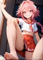 2boys ai_generated astolfo_(fate) bangs barefoot braid braided_hair braided_ponytail clothed crossdressing fate_(series) feet femboy looking_at_viewer pink_eyes pink_hair safe_for_work school_uniform sfw skirt smirk soles stepped_on tagme toes trap viewed_from_below viviai