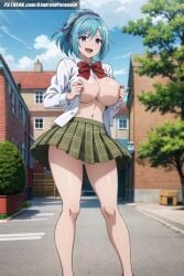 1girls ai_generated aindroidparanoid ankle_socks anklehighs big_breasts breasts brown_loafers car exposed_breasts hair_ornament hair_ribbon happy huge_breasts kurono_kurumu light_blue_hair loafers miniskirt nipples no_bra open_clothes open_mouth outdoors panties pantyshot pantyshot_(standing) pleated_skirt ponytail purple_eyes ribbon rosario+vampire school_uniform shirt_lift shoes short_hair skirt skirt_lift socks socks_and_shoes stable_diffusion succubus thigh_gap white_socks wind_lift