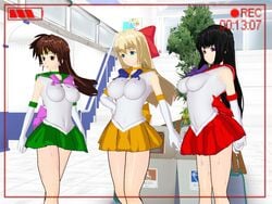 3d 3girls big_breasts bishoujo_senshi_sailor_moon bow breasts cel_shading cleavage clothing erect_nipples erect_nipples_under_clothes female female_only human makoto_kino minako_aino multiple_females oogami recording rei_hino sailor_jupiter sailor_mars sailor_venus skirt small_breasts