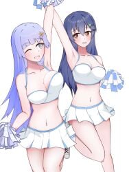 2d 2girls alternate_version_available blue_eyes blue_hair breasts brown_eyes cheerleader cheerleader_uniform date_a_live female_only grey_hair itsuka_shiori izayoi_miku light-skinned_female long_hair thighs variant_set