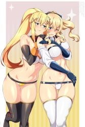 2girls armwear ass_visible_through_thighs bare_shoulders big_breasts black_thighhighs blonde_hair crossover curvaceous curvy curvy_figure darkness_(konosuba) embarrassed female_only genshin_impact half_naked hourglass_figure jean_gunnhildr kono_subarashii_sekai_ni_shukufuku_wo! lindaroze long_hair lowleg_panties medium_breasts midriff navel partially_clothed ponytail shy simple_background thigh_gap thighhighs thighs white_thighhighs wide_hips