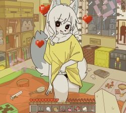 animal_ears black_eyes blush cat_tail doremifaso64 female furry furry_female heart highres indoors looking_at_viewer minecraft pov shirt snowy_wolf_(minecraft) tail wolf_(minecraft) yagi_the_goat