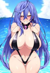 ai_generated angry big_breasts blush cleavage clenched_teeth goddess iris_heart light_skin long_hair looking_at_viewer neptunia_(series) outdoors pink_eyes plutia purple_hair shiny_skin sling_bikini solo water wet