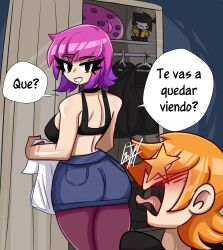 1boy 1girls ahoge black_bra black_eyes blush bra female gustav01art holding_object light-skinned_female light-skinned_male light_skin looking_back male orange_hair pantyhose partially_clothed pink_hair purple_hair ramona_flowers rear_view scott_pilgrim scott_w_pilgrim shirt shorts spanish_text star-shaped_pupils translation_request two_tone_hair undressing