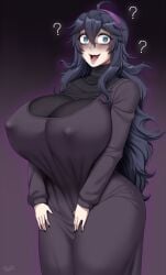 1girls ? bags_under_eyes dress fully_clothed headband hex_maniac huge_breasts large_breasts light-skinned_female nipple_bulge nipples_visible_through_clothing painted_nails pale_skin pokemon purple_background purple_hair thick_thighs twrlare wide_hips