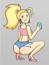 back_view blonde_hair butt_focus clowngrease heels hoop_earrings nerd_and_jock_(webcomic) ponytail queen_(nerd_and_jock) selfie short_jeans short_shorts squatting