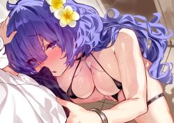 1boy 1girls azur_lane bare_shoulders black_one-piece_swimsuit blush breasts bulge clothing_aside commentary_request erection erection_under_clothes eyes_visible_through_hair female flower hair_flower hair_ornament hair_over_one_eye headpat highres indoors large_breasts light-skinned_female light-skinned_male light_skin long_hair looking_at_another mogador_(azur_lane) mogador_(locker_room_lechery)_(azur_lane) mole mole_on_breast official_alternate_costume one-piece_swimsuit open_mouth purple_eyes purple_hair shiokonbu skindentation solo_focus spread_legs squatting straight sweat swimsuit swimsuit_aside thigh_strap very_long_hair vichya_dominion_(azur_lane) wet white_flower