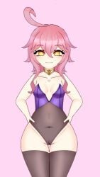 big_thighs blush bunnysuit child choker dori_(genshin_impact) female genshin_impact pink_hair pussy small_breasts smaller_female teasing yellow_eyes