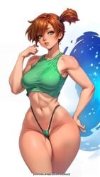 abs ai_generated artist_name asymmetrical_hair blush breasts cameltoe clothing cowboy_shot crop_top cropped_shirt female female_only green_eyes green_panties green_shirt green_underwear gym_leader hair_tie high_resolution highleg highleg_panties hips huge_breasts kasumi_(pokemon) large_breasts legs legwear lingerie lips looking_at_viewer medium_breasts midriff muscle navel nipples no_bra orange_hair pantsu pokemon pokemon_character ponytail shiny shiny_skin shirt short_hair short_sleeves side_ponytail simple_background solo standing stomach swimsuit taut_clothes thick_thighs thighs thong tied_hair toned underwear watermark web_address white_background wide_hips