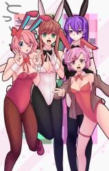 4girls 5_fingers blue_eyes bow bowtie bowtie_collar breasts bunny_ears bunnysuit cleavage collar doki_doki_literature_club female_only fishnet_legwear fishnets green_eyes legwear long_hair monika_(doki_doki_literature_club) natsuki_(doki_doki_literature_club) pink_eyes pink_hair purple_eyes purple_hair sayori_(doki_doki_literature_club) short_hair strawberry_blonde_hair tokkeresu yuri_(doki_doki_literature_club)